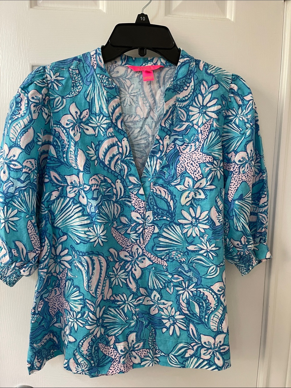 Lilly Pulitzer Turquoise Linen Floral V-Neck Puff Sleeve Tunic